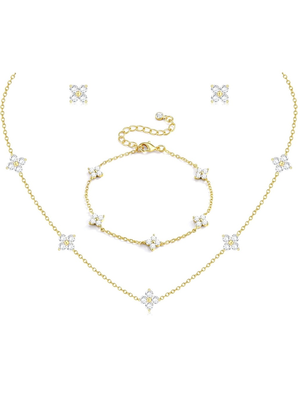 14K Gold Plated Crystal Flower Four Leaf Necklace, Bracelet & Earring Set